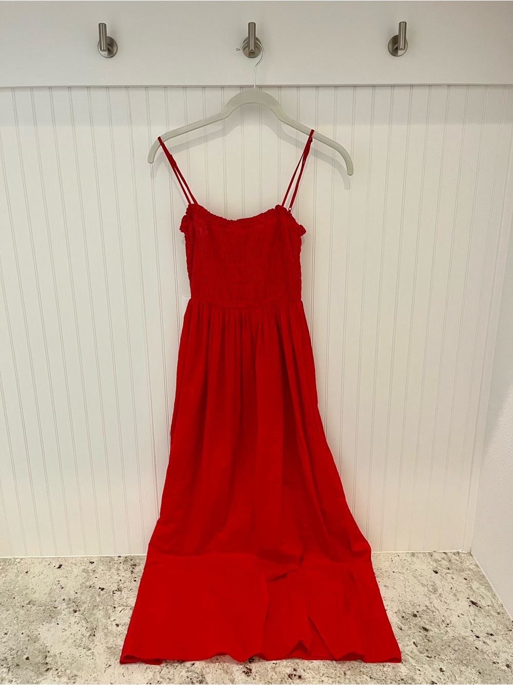 & Other Stories Red Smocked Maxi Dress with Double Spaghetti Straps